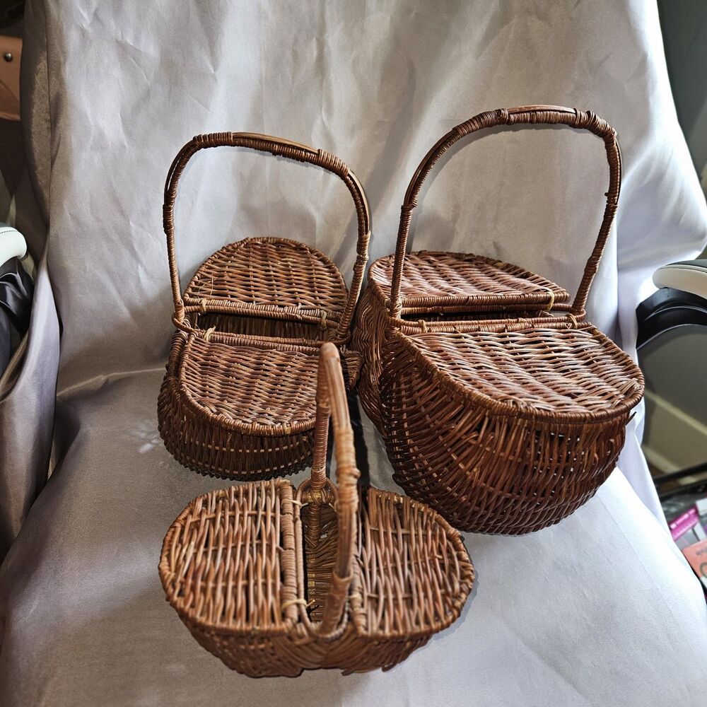 Vintage Wicker Double Sided Picnic Basket Lidded Handwoven Cottagecore Nest 3pc